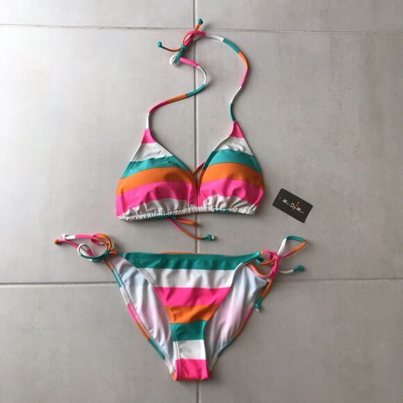 Mei De Mon Swim String Bikini Triangle Multicolor Striped Swimsuit - Picture 1 of 9